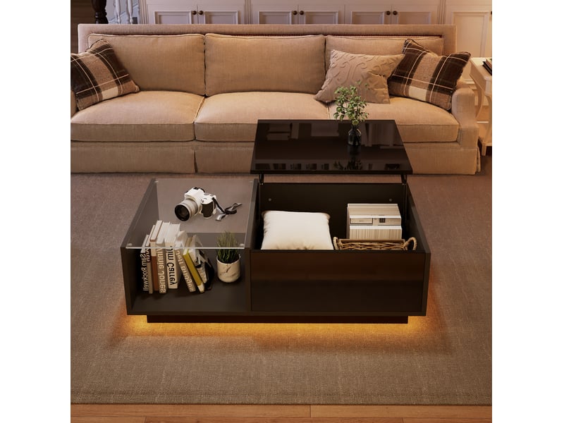 Table basse relevable avec rangement et led, 100x50 cm, noir brillant - Conforama C
