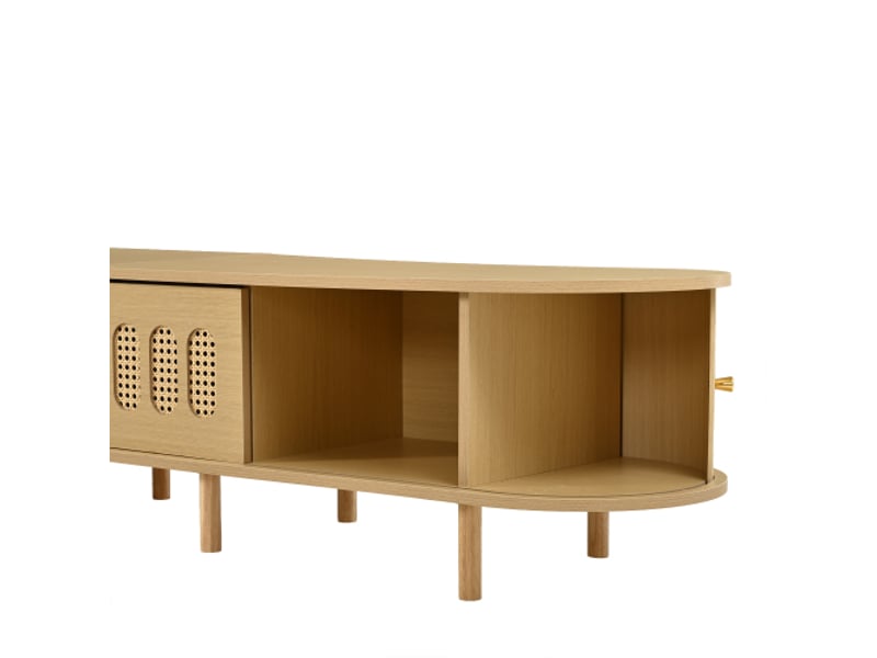  Meuble tv 180cm, bois clair rattan, mdf avec portes coulissantes pour salon  - Conforama D
