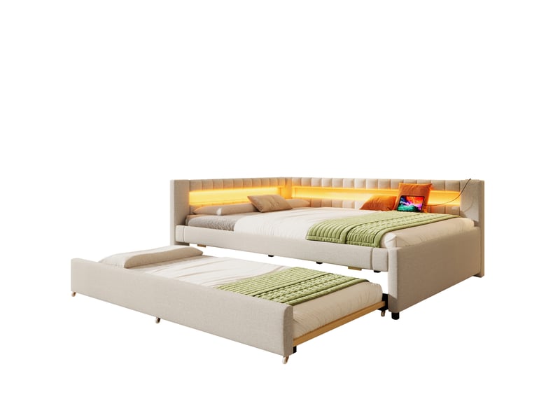  Lit gigogne 140x200 cm led usb type-c mdf beige sans matelas, éclairage télécommandé, lit extensible, revêtement lin  - Conforama A