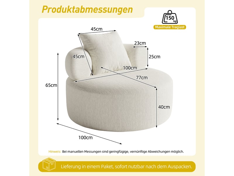Pouf rond beige 100 cm effet chenille avec coussin pour salon et chambre Fay Lum - Conforama C