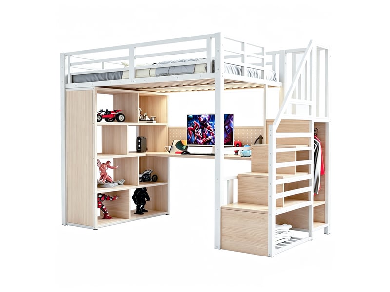  Lit enfant 90x200 cm avec éclairage led, lit simple avec armoire et bureau, lit mezzanine en métal, lit 1 personne, blanc  - Conforama R