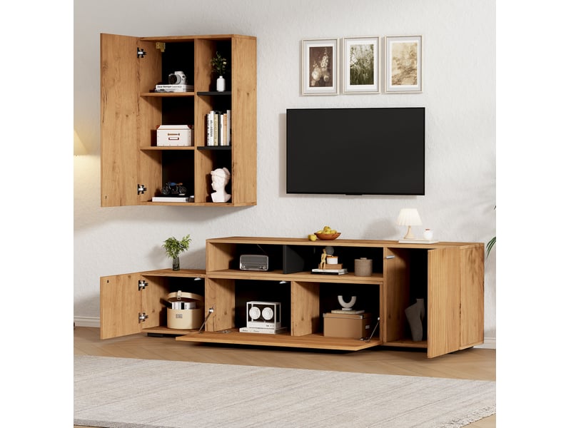  Ensemble meuble tv extensible 174-265 cm – chêne et noir – rangement intégré, à poser ou mural pour grand écran  - Conforama D