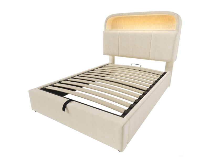  Lit coffre 90x200 cm, lit enfant, avec éclairage led, ports usb-type-c, velours, sans matelas, sans fond, beige  - Conforama D