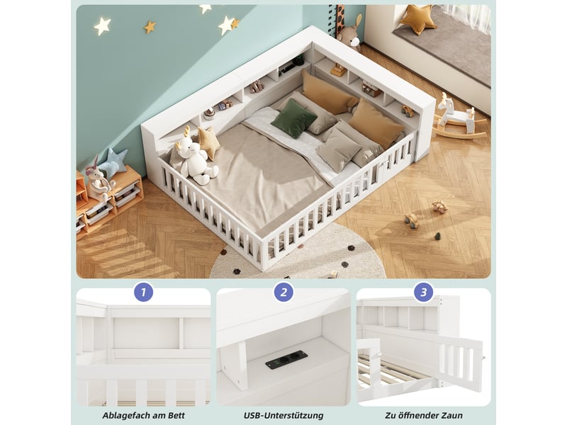  Lit banquette double 140×200 cm prises, usb et rangement  - sans matelas, panneaux blanc  - Conforama E