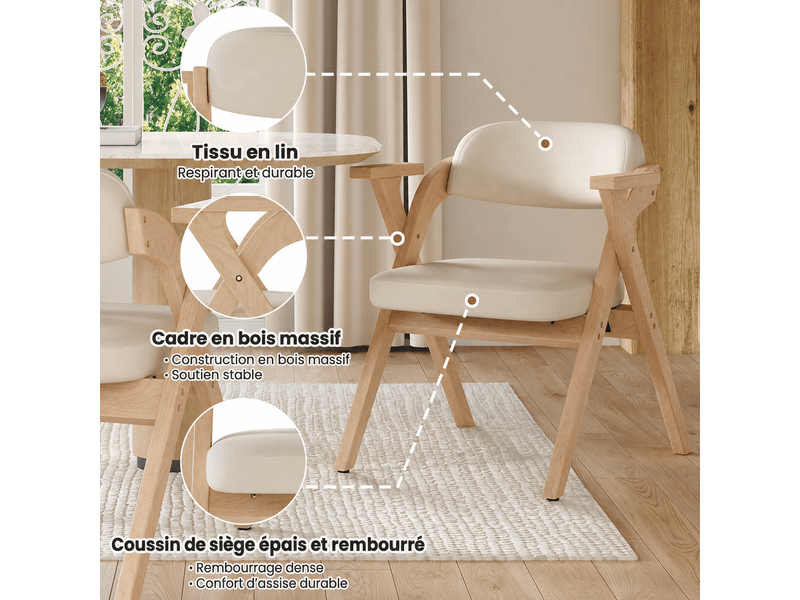  Lot de 6 chaises de salle à manger pliantes en bois massif et lin beige, avec accoudoirs, style moderne  - Conforama D