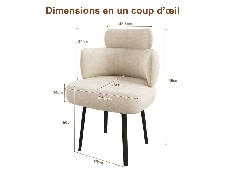  Chaise de salle à manger 56,5x46x89 cm pivotante 360° en métal et tissu couleur blanc crème, moderne  - Conforama C