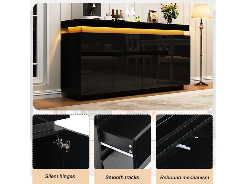Buffet 140x35x72,5 cm, 2 tiroirs, 4 portes, 10 compartiments, led, réglable brillant, panneaux de particules, noir - Conforama D