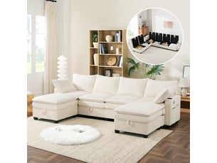 Canapé d'angle panoramique fixe <strong>MERAX</strong> <strong>canapé d'angle beige</strong> 6 places Velours côtelé beige avec coffre de rangement