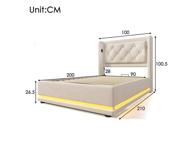  Lit rembourré 90x200 cm - usb-c - led - 2 tiroirs - gris avec matelas  - Conforama C