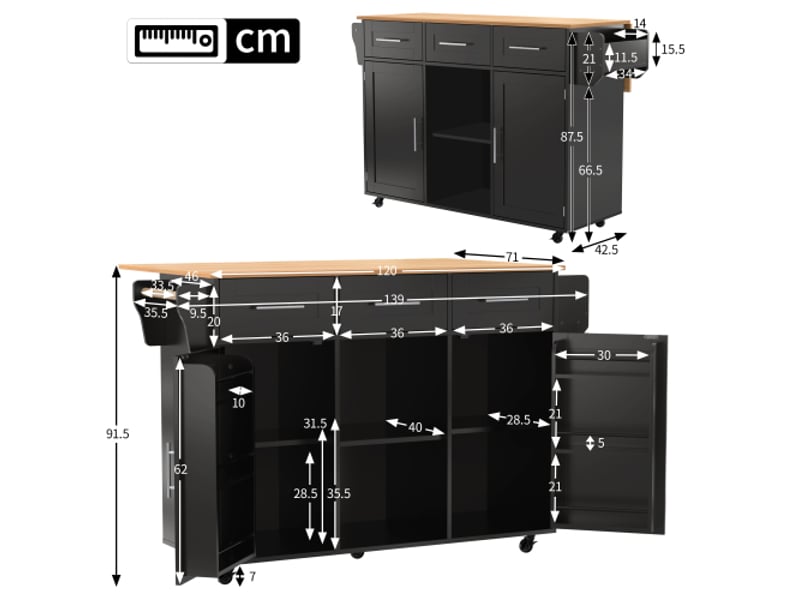 Chariot de service multifonction - dimensions - plateau rabattable - roulettes amovibles 139x46x91.5cm - Conforama A