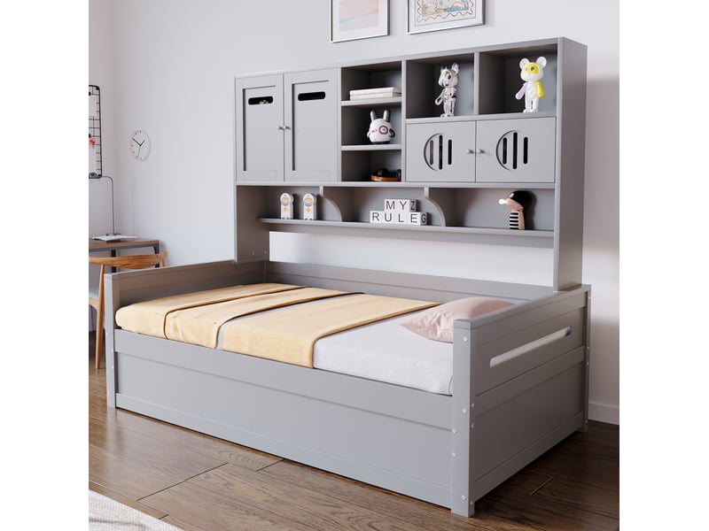  Lit coffre 90x200 cm hydraulique avec rangement en bois gris  - Conforama C