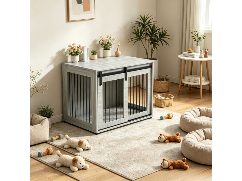  Caisse d'intérieur chats et chiens 98 x 58 x 61 cm – gris – porte coulissante verrouillable et ventilée  - Conforama D