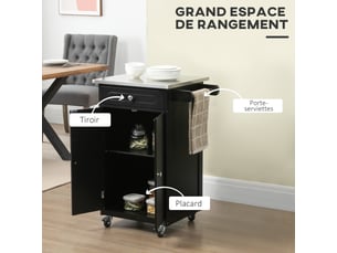 Chariot de service desserte de cuisine à roulettes multi-rangements 1 tiroir placard 2 portes avec étagère porte-torchons mdf noir inoxydable acier