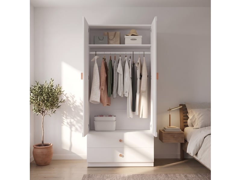  Armoire 2 portes avec 2 tiroirs, niche haute et tringle pour chambre, en mdf, bois et acier, blanc, 90 × 45 × 200 cm  - Conforama D