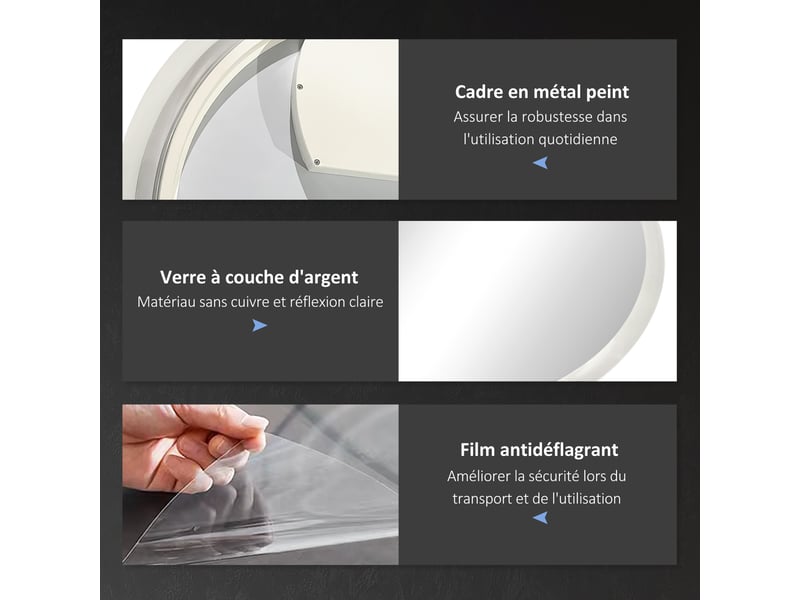 Miroir rond lumineux led de salle de bain ø 70 cm mural éclairage interrupteur tactile système antibuée 35w blanc argent - Conforama W