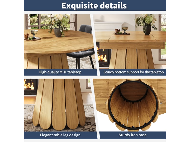  Table à manger extensible ronde devenant ovale, en mdf coloris bois naturel, de 118 à 158 cm  - Conforama E