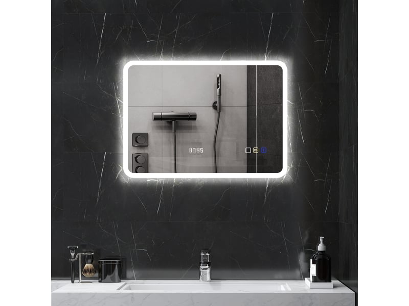  Miroir de salle de bain avec éclairage led 70 x 50 cm, bluetooth, 3 couleurs d'éclairage, horloge numérique, fonction antibuée et fonction mémoire.  - Conforama C