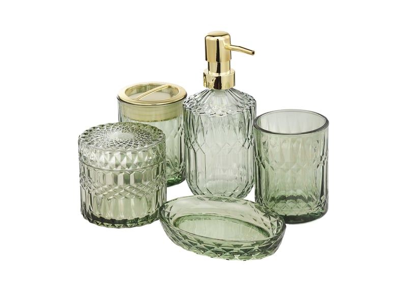  Set salle de bain 5 pièces en verre vert taillé diamant, style rétro, distributeur de savon et porte-brosse à dents  - Conforama A