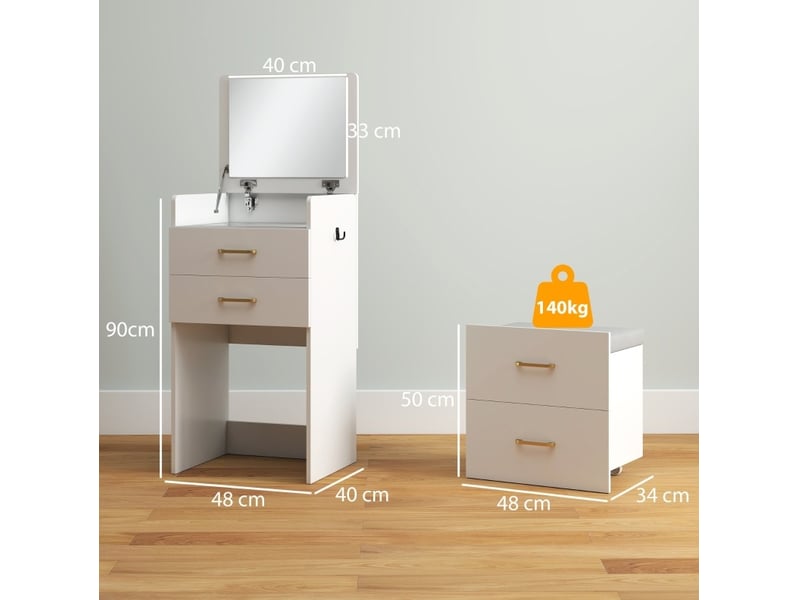  Coiffeuse 3 en 1 48x40x90 cm avec miroir et tabouret à roulettes bois blanc  - Conforama E