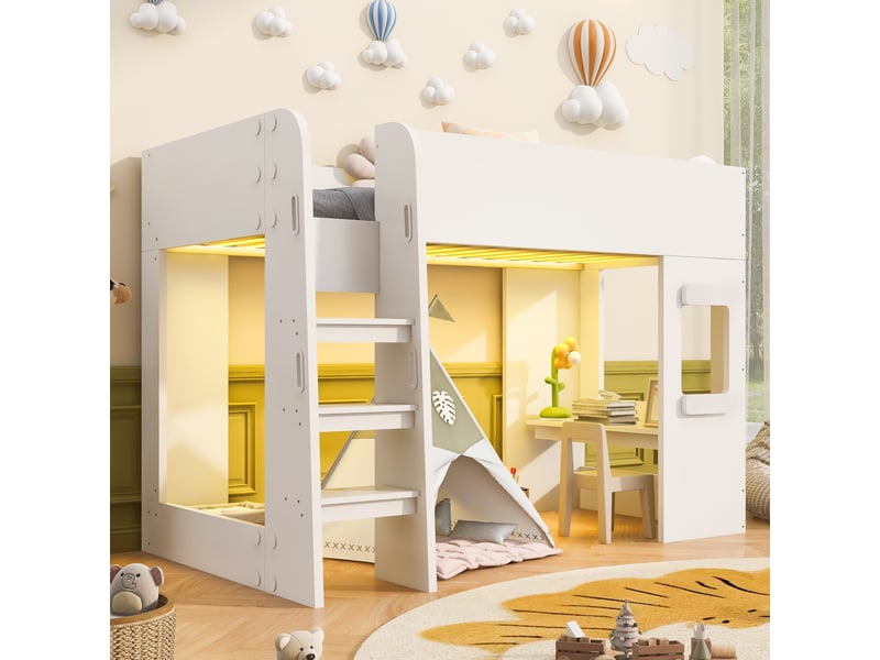  Lit mezzanine en bois 90×200 cm - avec éclairage led - avec petit bureau - avec barrières de sécurité - blanc (matelas non inclus)  - Conforama E