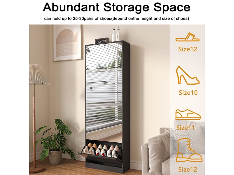  Meuble à chaussures avec 5 compartiments abattants et miroir pour entrée en mdf noir, hauteur 185 cm  - Conforama C