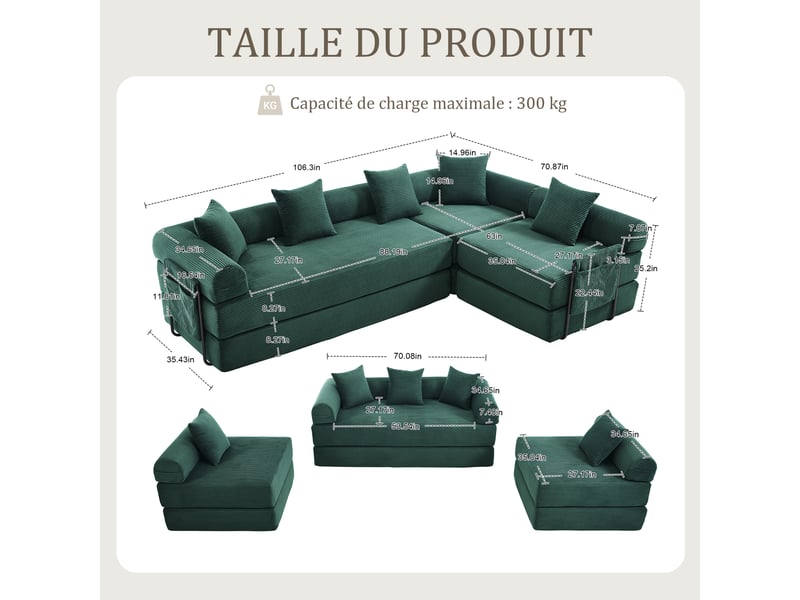  Canapé modulable vert en velours côtelé 270 x 180 x 64 cm, compressé, poche latérale, convertible salon séjour W2845S00494 - Conforama C
