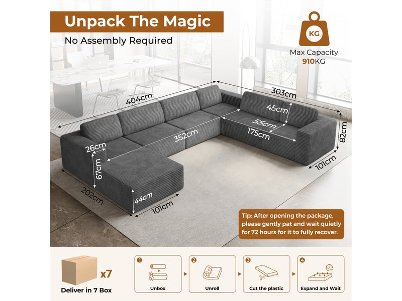 Canapé modulaire panoramique 7 places ouvert à gauche,velours côtelé,1 pouf,canapé compressé pour grand salon,404x303x82cm,gris 404x303x82CM - Conforama C