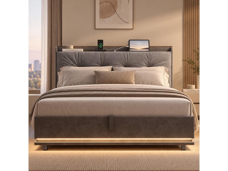  Lit coffre 140x190 cm, lit double avec led rgb, chargement usb, avec levier hydraulique, sommier à lattes, en velours, gris  - Conforama C