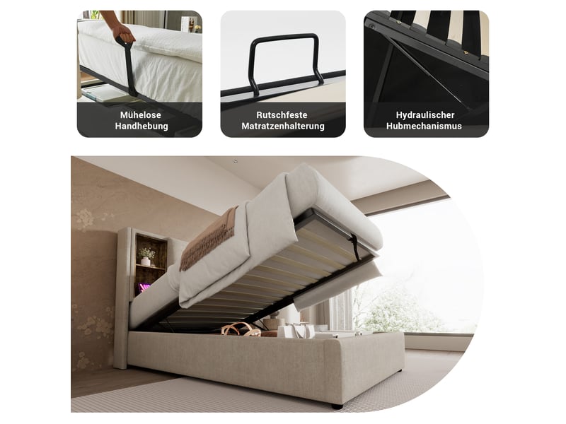 Lit enfant 90x200 cm avec recharge usb-c, lit simple avec sommier à lattes en bois, lit avec matelas, couleur naturelle - Conforama W