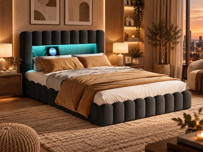  Lit coffre 180x200 cm - lit 2 places gris avec led et port usb - sommier relevable - rangement - matelas non inclus  - Conforama B