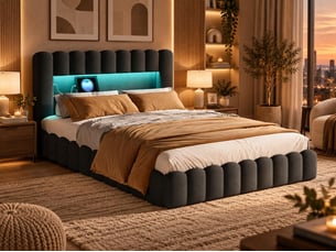 Lit coffre 180x200 cm - lit 2 places gris avec led et port usb - sommier relevable - rangement - matelas non inclus