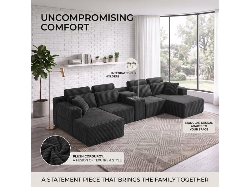 Canapé d’angle en u 6 places 372 x 151 x 80 cm, grand format modulable à assise moelleuse et porte-gobelets, mousse et velours côtelé, gris foncé OMNIGLINT TRADING LTD - Conforama E