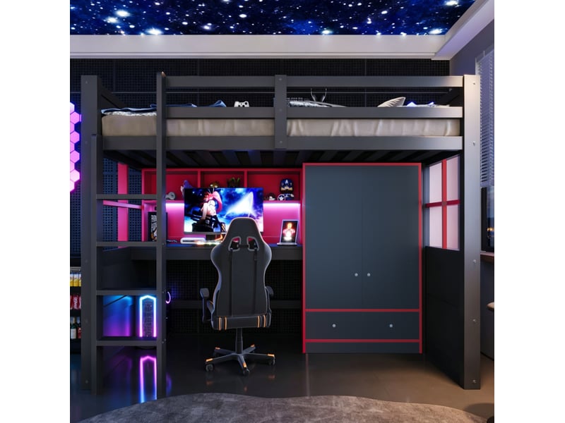 Lit mezzanine 90x200 cm avec bureau, armoire, tiroirs, led et prises noir et rouge - Conforama E