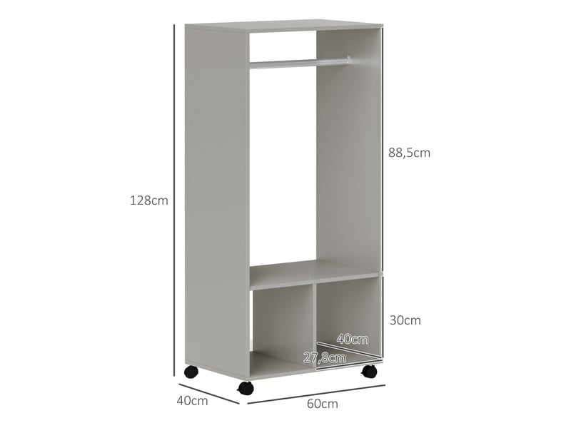  Armoire avec étagères, 2 niches de penderie, 4 roulettes pivotantes, dimensions 60 x 40 x 128 cm (l x l x h), grise  - Conforama E
