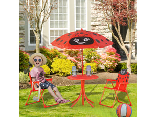Ensemble de jardin 4 pièces pour enfants avec 2 chaises pliantes, un parasol et une table ronde, en acier et tissu oxford, rouge.