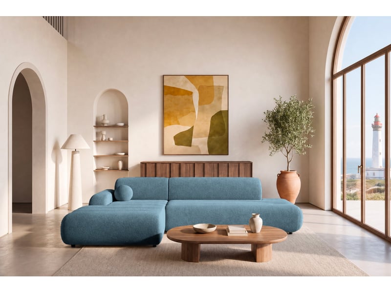 Bordilla - canapé d'angle convertible tissu chenille 4 places bleu gauche  - Conforama D