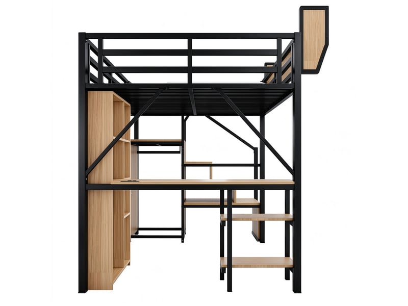 Lit mezzanine 140x200 cm, lit combiné, bureau intégré, escalier avec rangement, rangements intégrés, barrière de sécurité, éclairage led, métal noir CozyNest - Conforama E