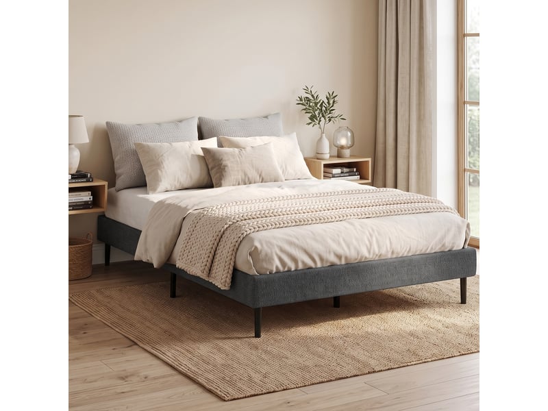  Sommier tapissier déco 10 lattes avec pieds 140x190cm tissu chenille gris  - Conforama E