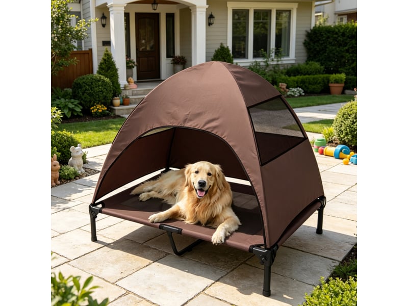  Lit surélevé avec toit amovible chats et chiens 91 x 76 x 90 cm – café – aéré et facile à transporter  - Conforama B