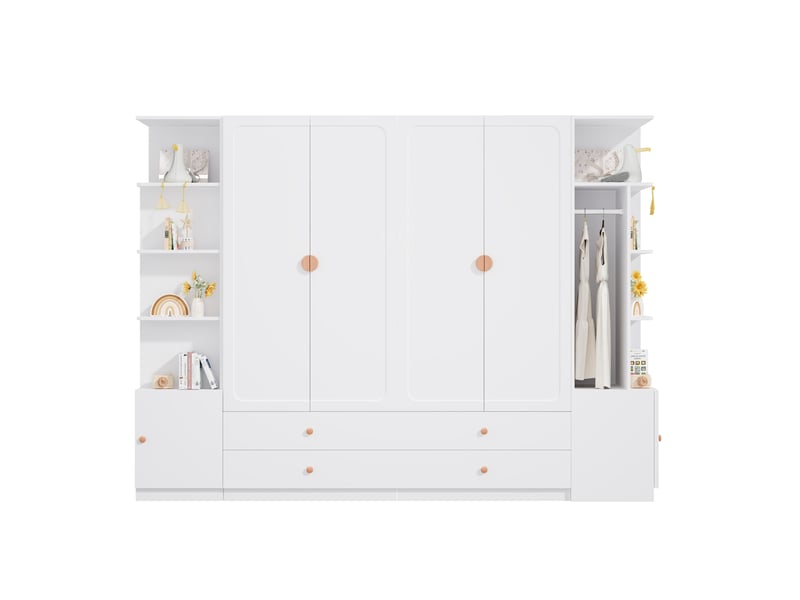 Armoire 6 portes avec 4 tiroirs et 4 tringles de penderie, rangement modulable pour chambre, blanche, 270 × 45 × 200 cm - Conforama A
