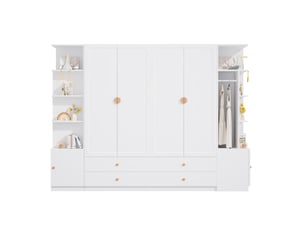 Armoire 6 portes avec 4 tiroirs et 4 tringles de penderie, rangement modulable pour chambre, blanche, 270 × 45 × 200 cm
