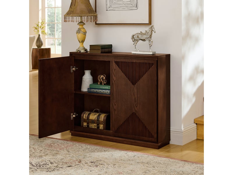  Buffet étroit 99x23,5 cm avec portes à motif chevron, rangement et pieds en bois massif, mdf, style mid-century, effet noyer foncé  - Conforama D