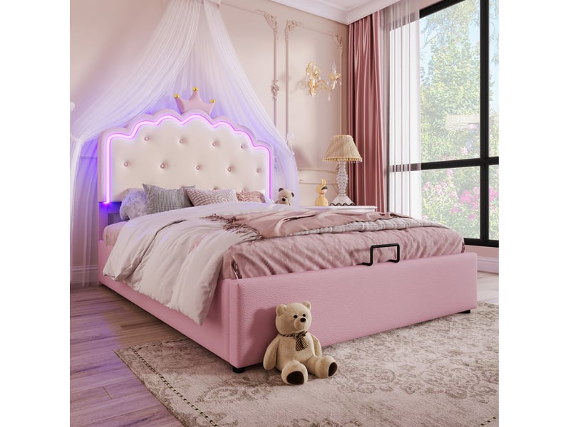  Lit rembourré tcqpz 140 x 200 cm avec sommier à lattes led rangement hydraulique rose  - Conforama E