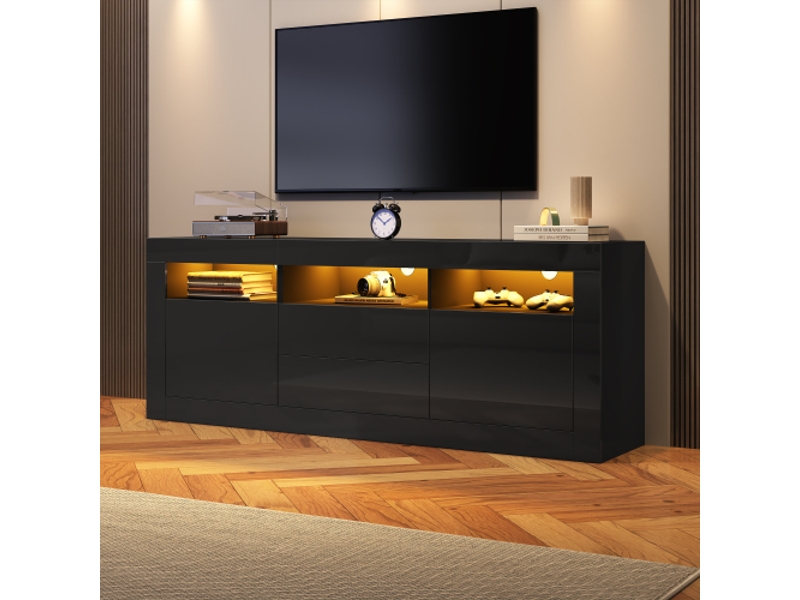  Meuble tv brillant 160*35*60cm avec éclairage led,3 compartiments ouverts,2 portes+2 tiroirs,commande via application intelligente  - Conforama B