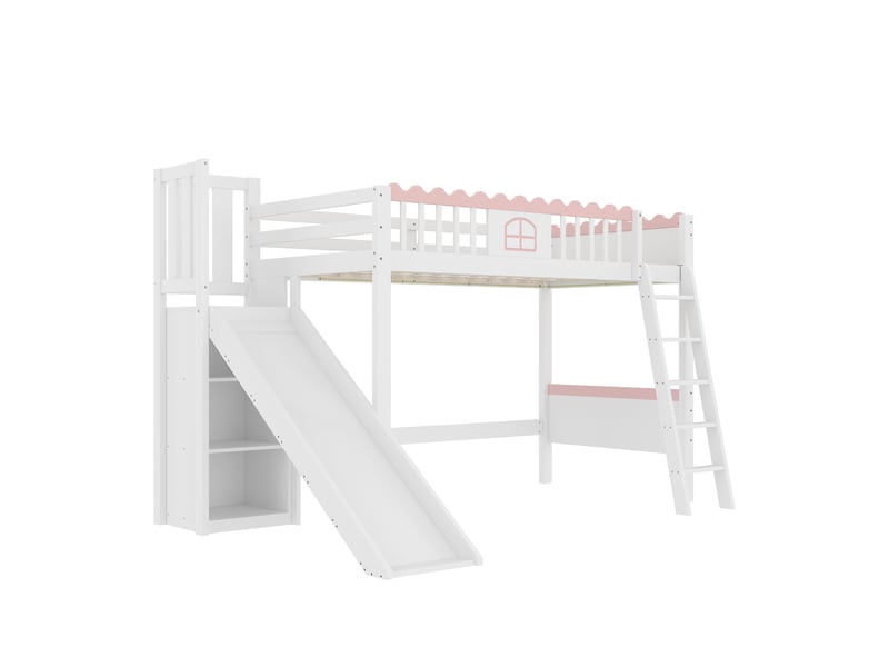  Lit mezzanine enfant avec led, étagères et toboggan, blanc, 90x200 cm  - Conforama D
