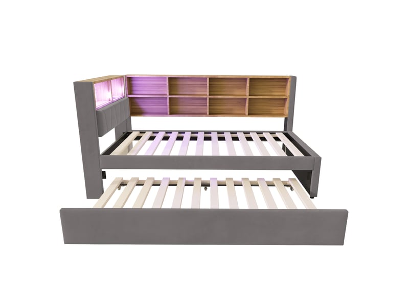 Lit gigogne 90x200 cm 2 en 1 avec 10 niches et led, flanelle, gris foncé, sans matelas - Conforama E