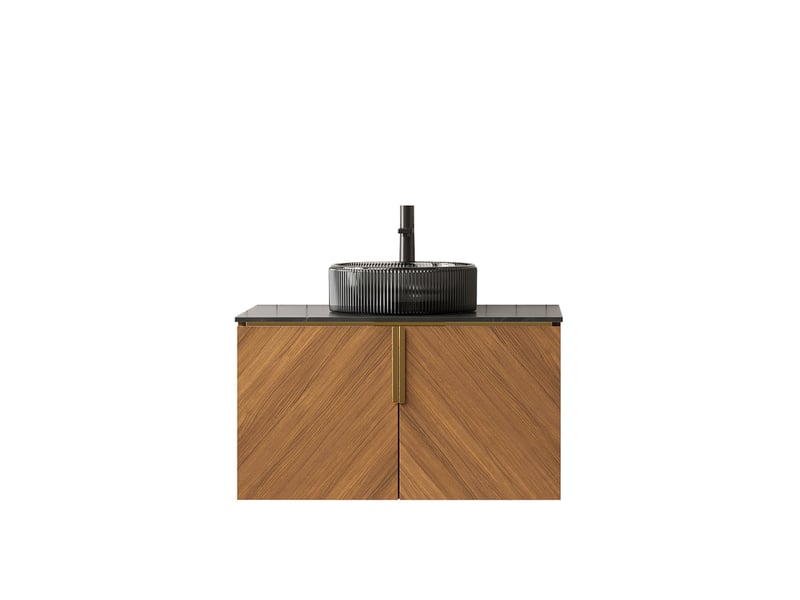  Meuble vasque suspendu double avec 4 portes à fermeture douce - lpospi - verre et pierre frittée noir, chêne brun  - Conforama A