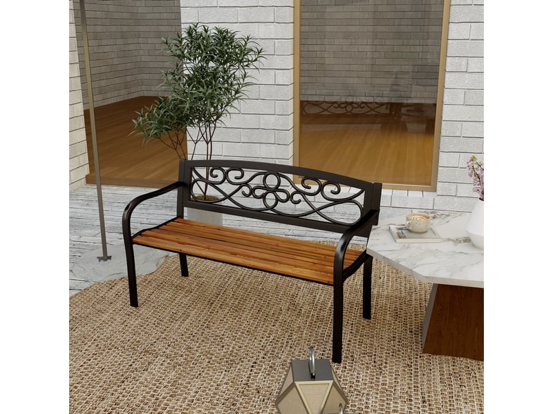  Banc de jardin 2 places avec dossier en fer forgé et accoudoirs incurvés, design élégant, 127 x 56 x 80 cm, noir et bois  - Conforama D
