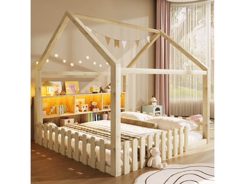  Lit cabane enfant 140x190 cm avec barrières, rangements ouverts, éclairage led et sommier à lattes, pin naturel  - Conforama E