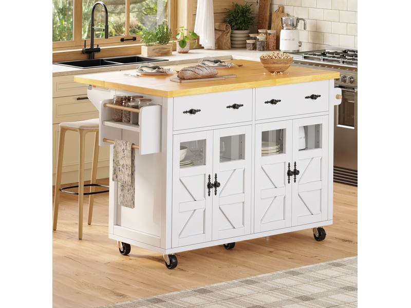  Îlot de cuisine mobile extensible 140 cm, 5 roulettes dont 2 avec freins, blanc  - Conforama B